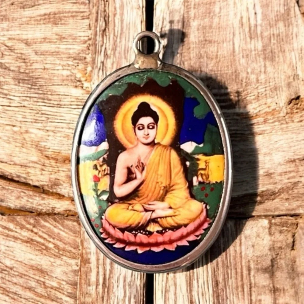 Vintage Buddha Lotus Pendant Silver Tone Medallion Spiritual Charm - Picture 1 of 2